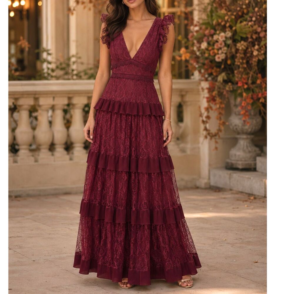 Lulus Marvelous Darling Burgundy Lace Tiered Maxi Dress Whimsygoth Fall Wedding